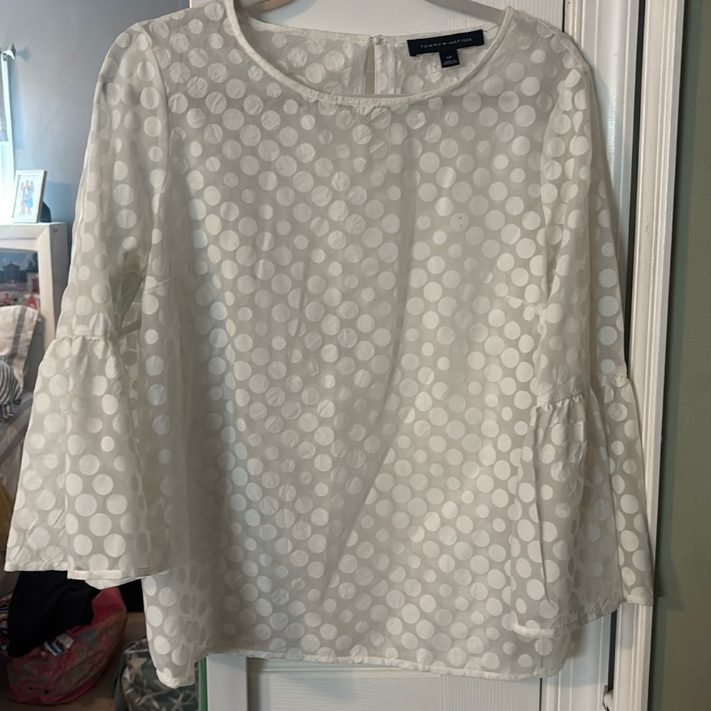Tommy Hilfiger Blouse size small petite! White with polka dots and bell sleeves